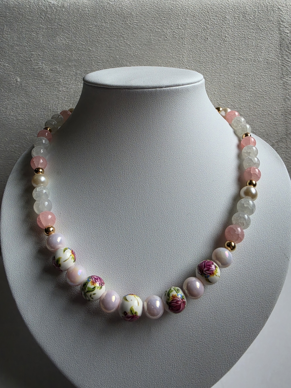 Pink Floral Porcelain Bead Necklace with Gold Accents